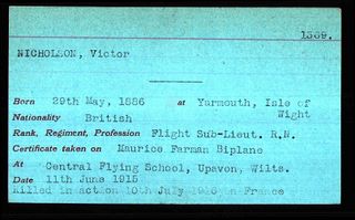 Royal Aero Club index card V Nicholson 